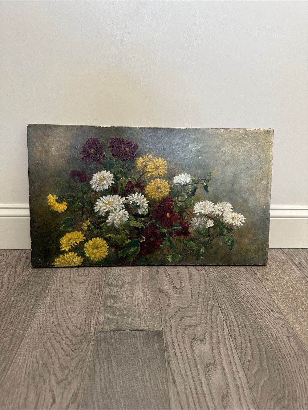 Antique Floral Oil Painting in White, Yellow & Deep Red 1800’s